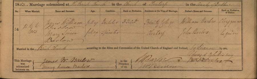 James William Barlow 1853 marriage record